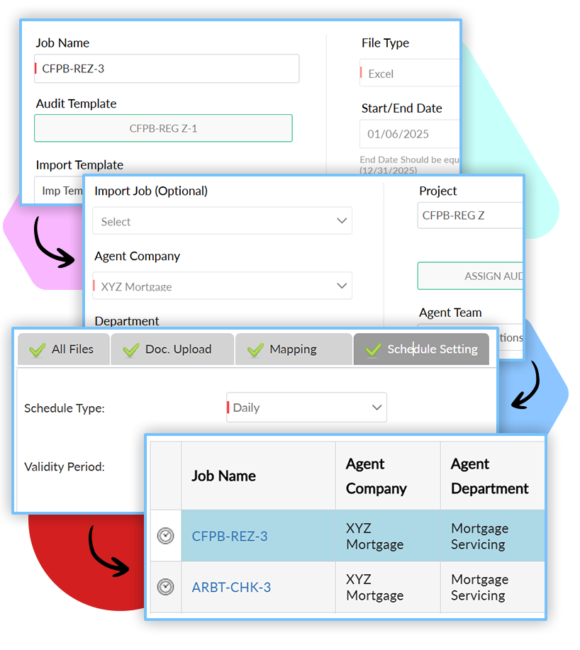 Veritiq ARC automated audit workflow interface showing job scheduling, agent assignments, and mapping configuration for mortgage compliance audits
