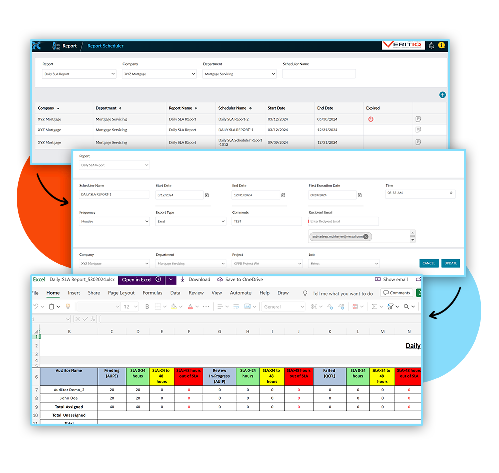 Veritiq ARC report scheduler interface showing automated compliance reporting setup and exported Excel summary