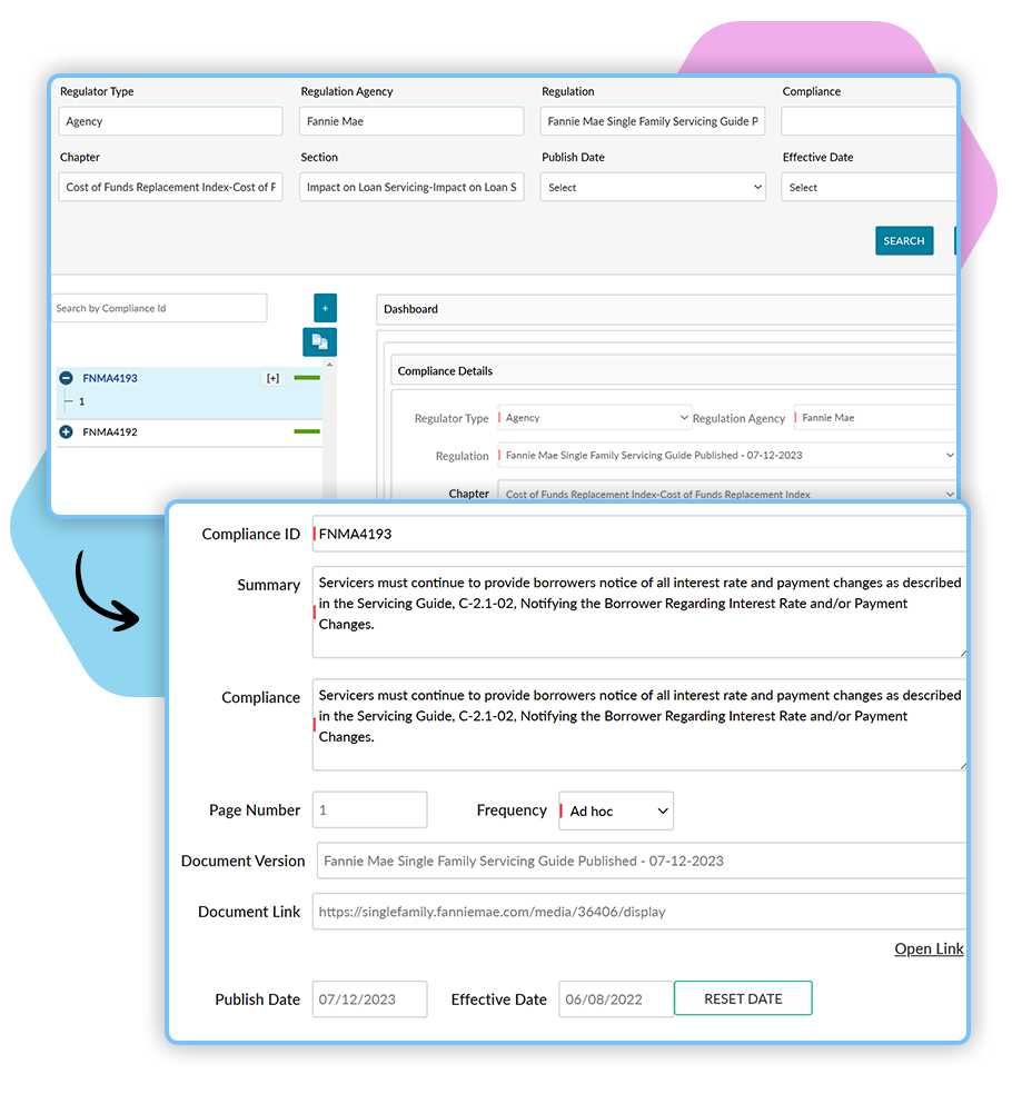 Veritiq ARC comprehensive compliance management interface showing regulation mapping, compliance summary, and document version tracking for Fannie Mae guidelines