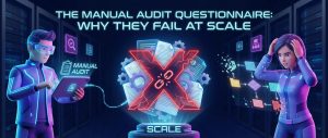 Illustration of two overwhelmed auditors surrounded by scattered documents and a large red X symbolizing the failure of the manual audit questionnaire at scale.