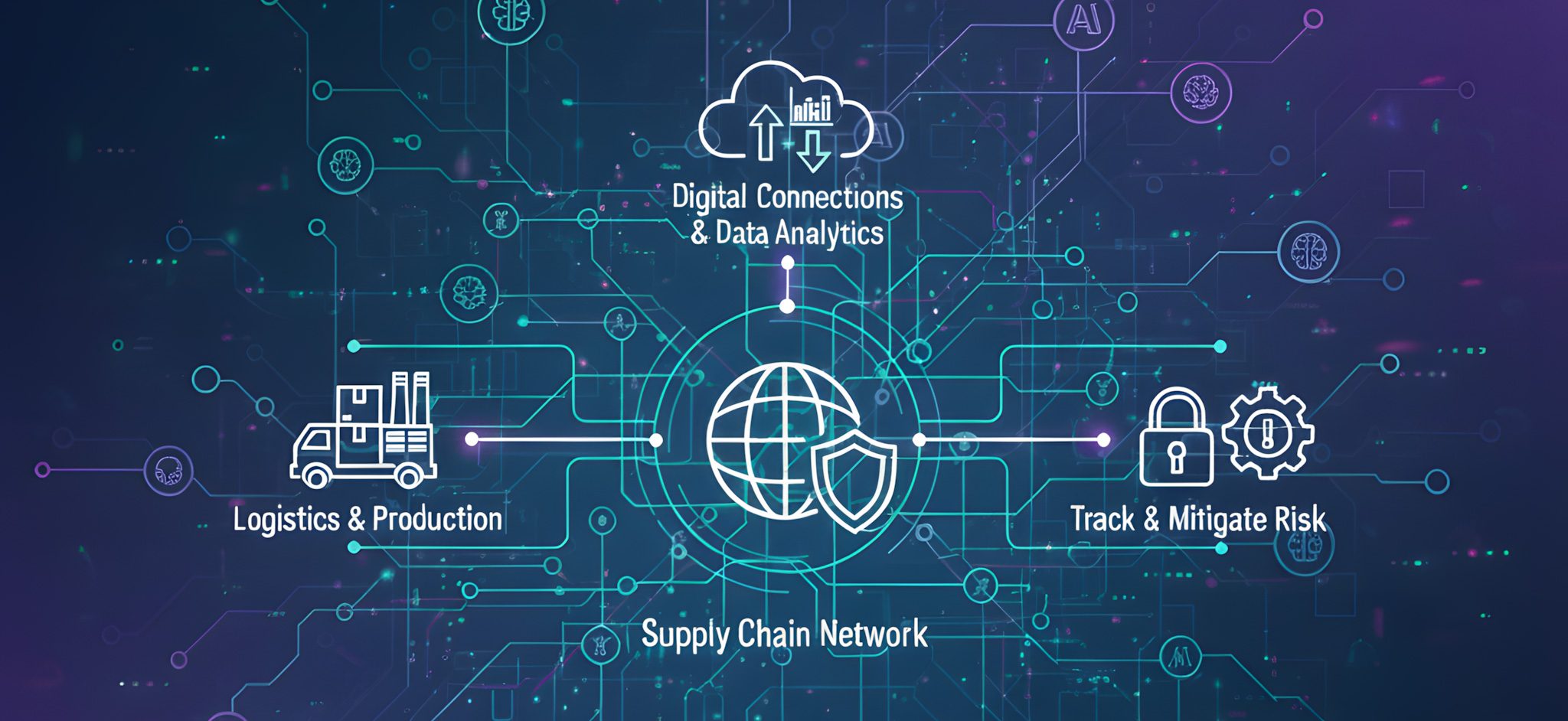 Abstract illustration showing a digital supply chain network with interconnected nodes and data lines connecting factories, cargo ships, and a global network, symbolizing a supply chain risk management software.
