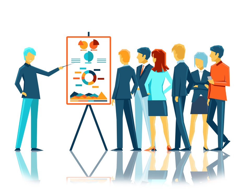 Illustration of a business professional presenting analytics and compliance data to a team, symbolizing simplified enterprise audit and risk management