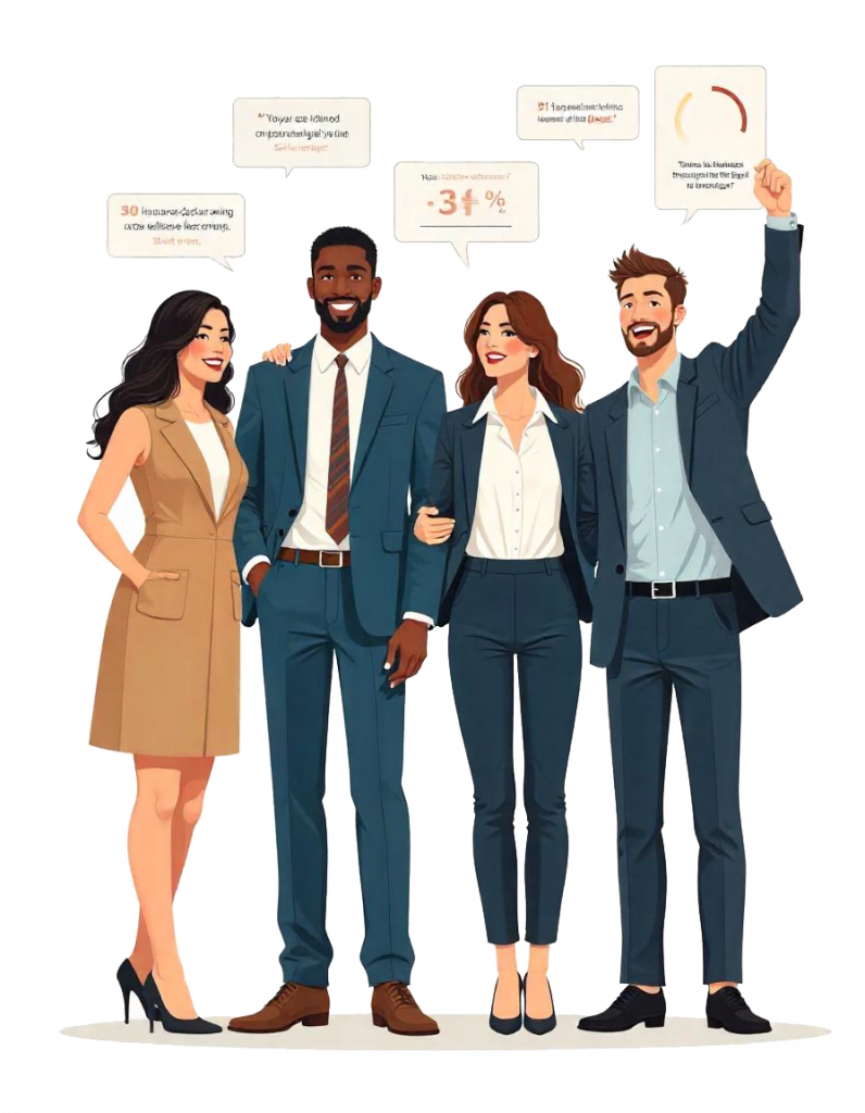 Illustration of diverse business professionals celebrating successful compliance automation results with performance analytics visuals