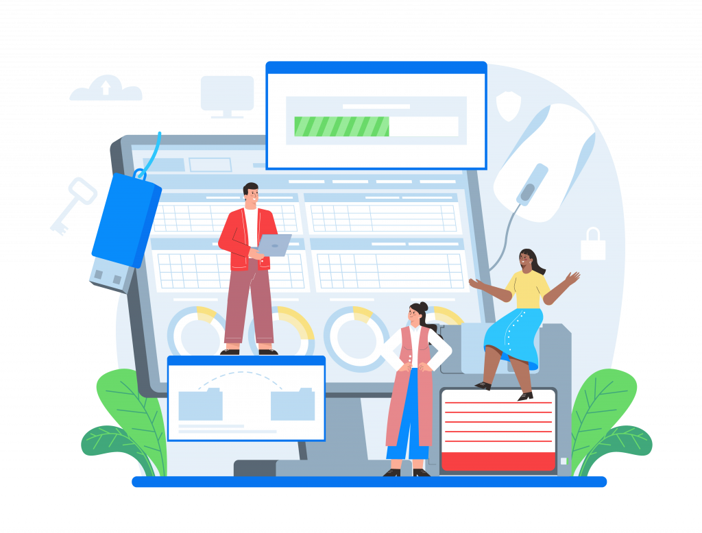 Illustration of professionals collaborating around large digital dashboards and analytics screens, representing Veritiq ARC’s role in driving operational efficiency and business growth through automation