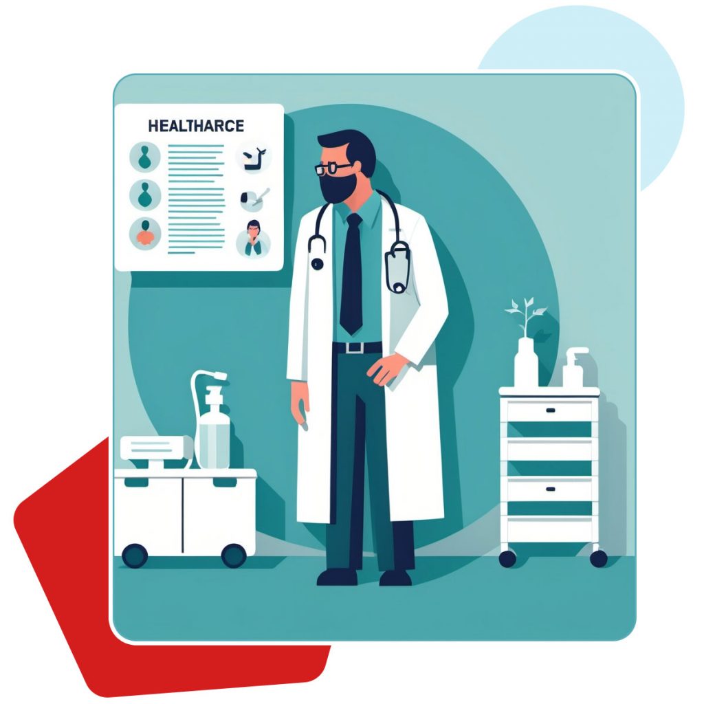 Illustration of a doctor standing beside medical equipment and a healthcare compliance chart, representing Veritiq ARC solutions for healthcare industry risk and regulatory management