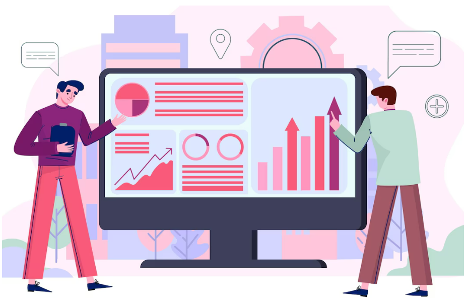 Illustration of two auditors reviewing charts and analytics on a large screen, representing ARC’s audit management software and real-time audit automation tools.
