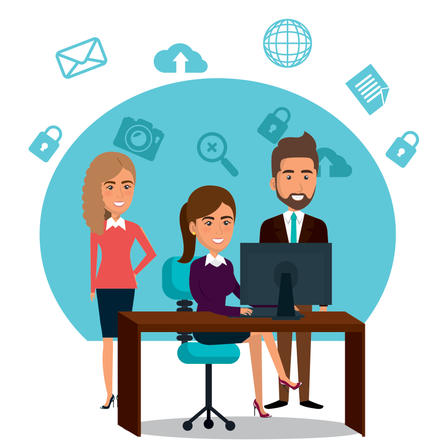 Illustration of a professional compliance team collaborating at a desk with digital icons representing secure cloud technology