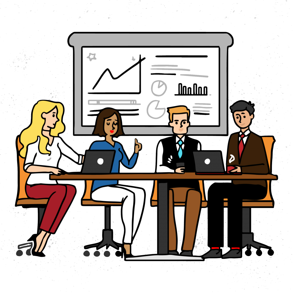 Illustration of a small business team analyzing compliance data and discussing audit challenges during a meeting