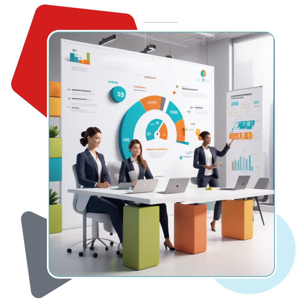 Illustration of professionals analyzing growth metrics and compliance dashboards during a team meeting, symbolizing Veritiq ARC solutions for growing businesses