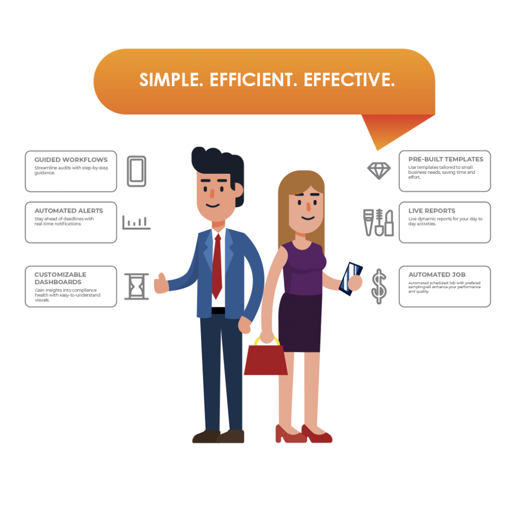 Illustration of professionals highlighting Veritiq ARC’s key benefits with the tagline Simple, Efficient, Effective