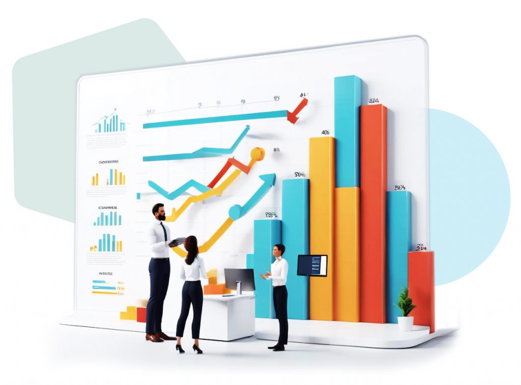 Illustration of business professionals reviewing compliance performance dashboards with bar and line charts, symbolizing Veritiq ARC solutions for mid-sized organizations