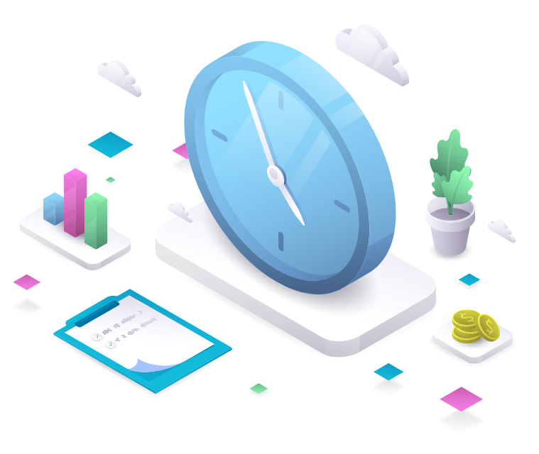 Illustration of a clock, analytics chart, clipboard, and coins symbolizing time management, performance efficiency, and operational risk control in Veritiq ARC’s risk management tools