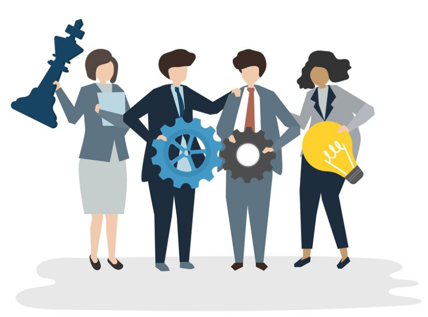 Illustration of business professionals collaborating with gears, a chess piece, and a lightbulb representing strategic and operational risk management