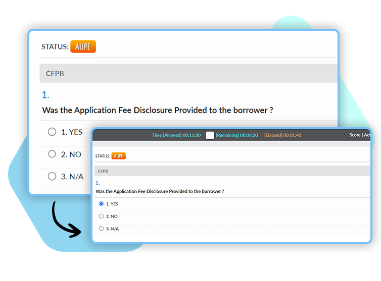 Veritiq ARC real-time audit monitoring interface showing live compliance question tracking, status updates, and timer-based audit progress