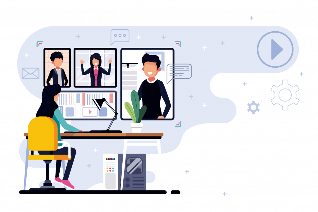 Illustration of a small business compliance team collaborating virtually with Veritiq ARC audit and risk dashboards on screen