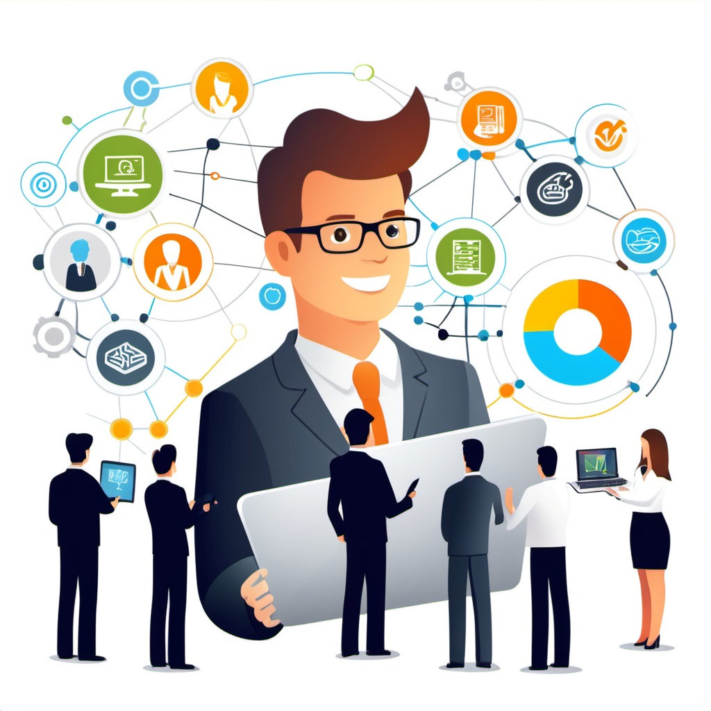 Illustration of business professionals using digital tools connected by AI, analytics, and compliance icons symbolizing intelligent compliance automation with ARC by Veritiq